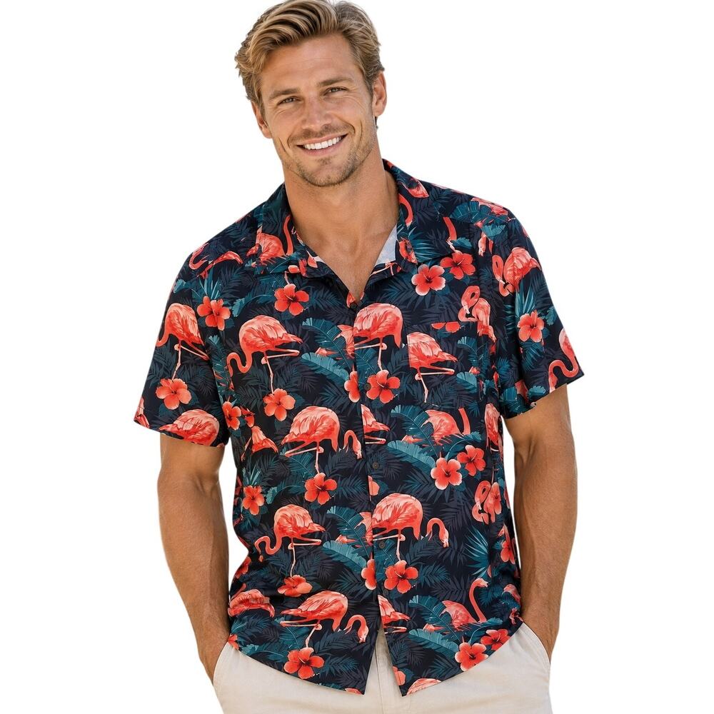 Caribbean Joe Button Down Shirt Mens XL Black Flamingo Relaxed Tropical Casual
